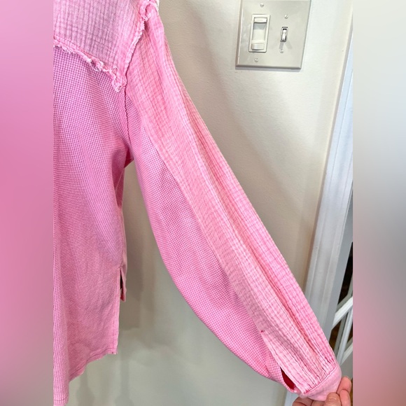POL Oversized Button Down Waffle Knit Combo Top Pink Size Small - Picture 8 of 13